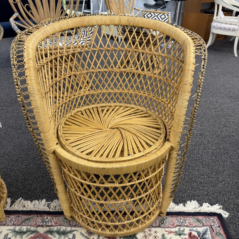 Rattan Barrel Chairs, sold together as a PAIR. One is AS IS with damage on one arm.