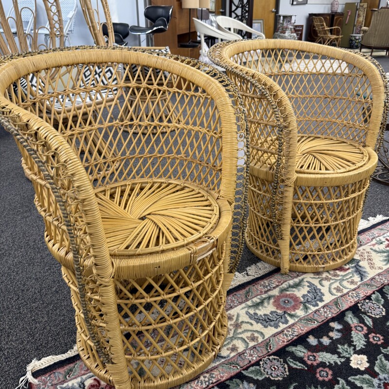 Rattan Barrel Chairs, sold together as a PAIR. One is AS IS with damage on one arm.