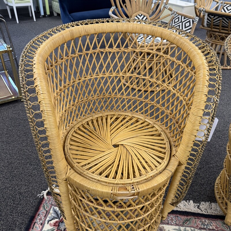 Rattan Barrel Chairs, sold together as a PAIR. One is AS IS with damage on one arm.