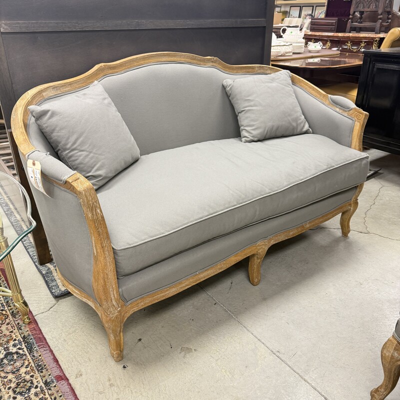 Ballard Designs Loveseat, Gray Upholstery.
Size: 62in L