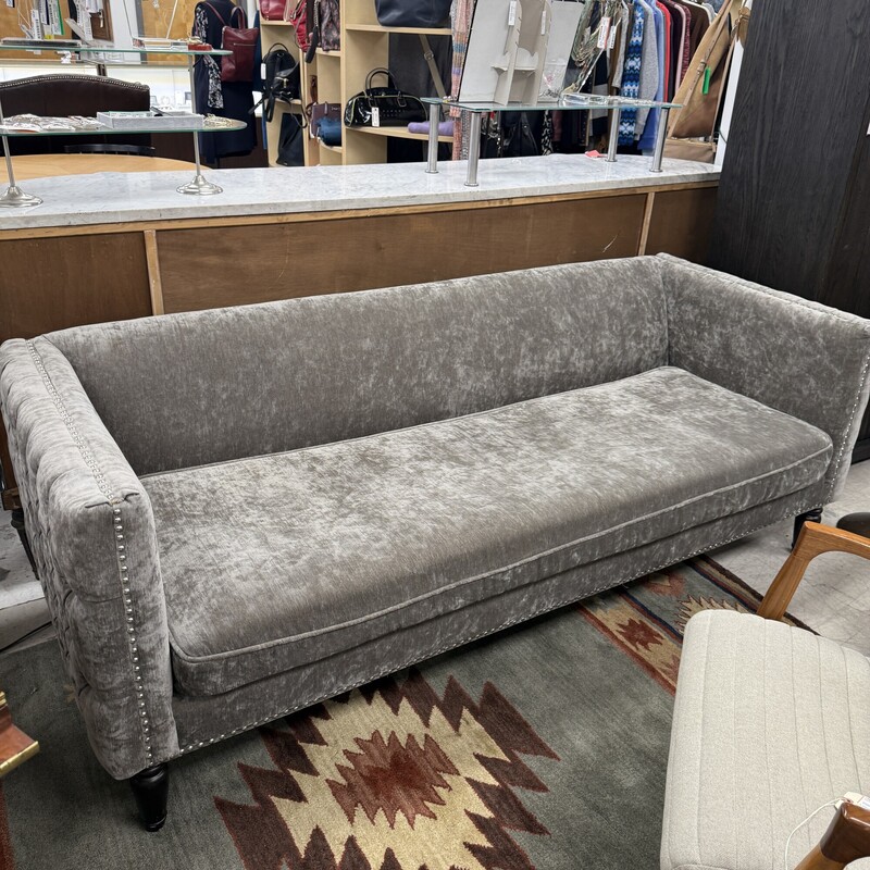 Upholstered Tufted Studded Sofa, Gray. Retailed for $700.
Size: 80in