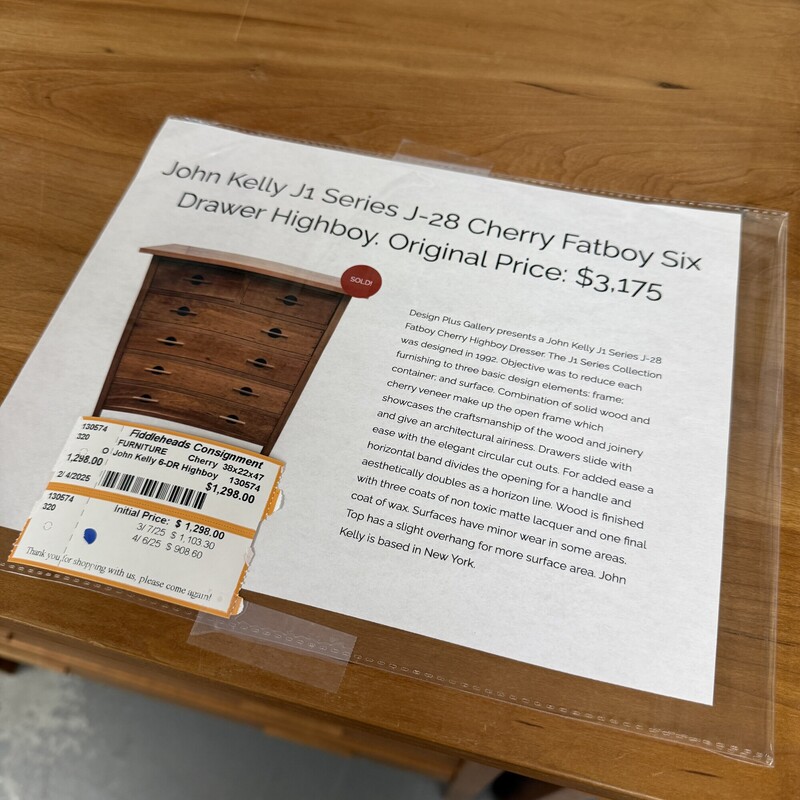 John Kelly 6-Drawer Fatboy Highboy, Cherry Wood, from the J1 Series Collection, designed in 1992. Could use some wood oil to bring out the shine.<br />
Size: 38x22x47