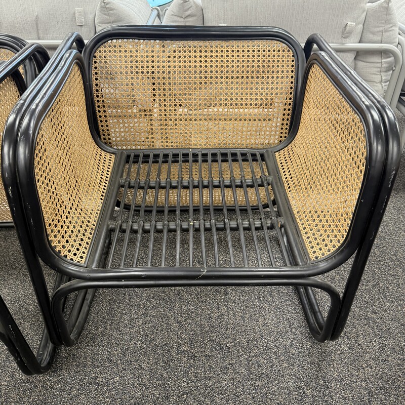 Wide Rattan Caned Chair, Black and Brown. Price is for one chair only.