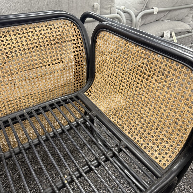 Wide Rattan Caned Chair, Black and Brown. Price is for one chair only.