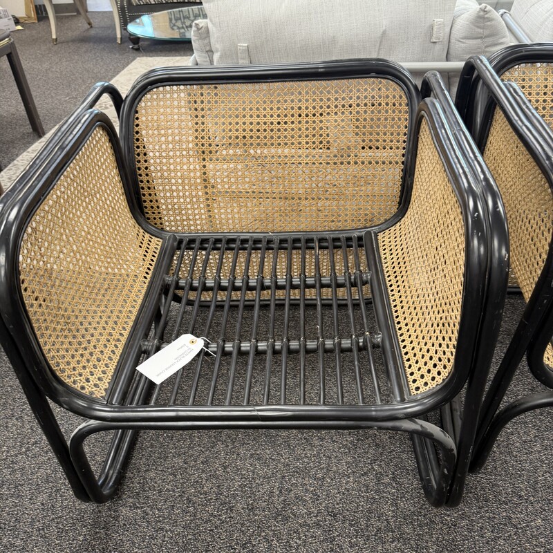 Wide Rattan Caned Chair, Black and Brown. Price is for one chair only.