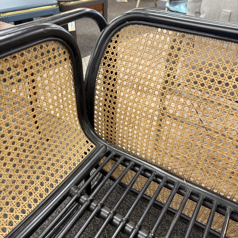 Wide Rattan Caned Chair, Black and Brown. Price is for one chair only.