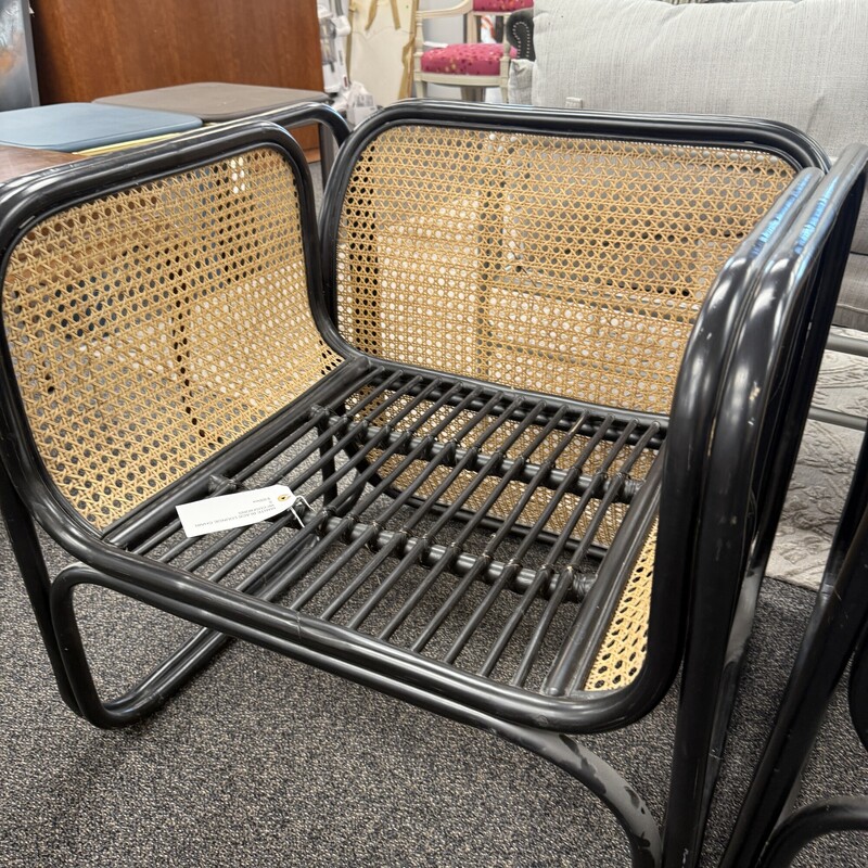 Wide Rattan Caned Chair, Black and Brown. Price is for one chair only.