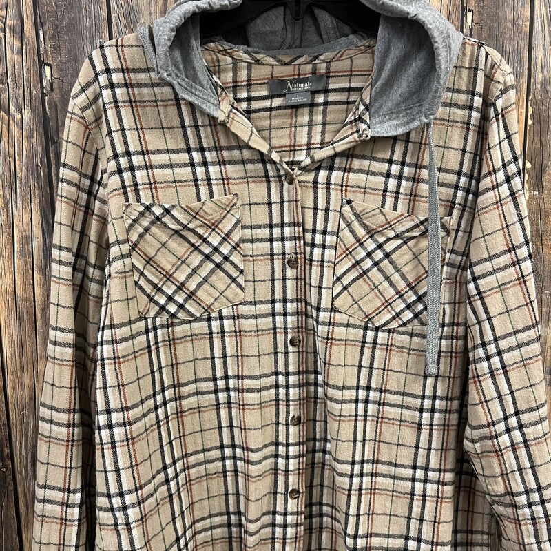 Tan Flannel Hooded Shirt, Size: Large