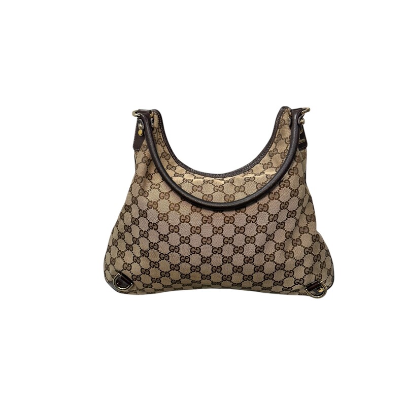 Gucci Abbey Canvas Monogram Hobo<br />
<br />
Style Code: 130737-493492<br />
<br />
In good condition. Light stain on exterior canvas. Light wear to hardrware.<br />
<br />
Does not come with the original dust bag or box.