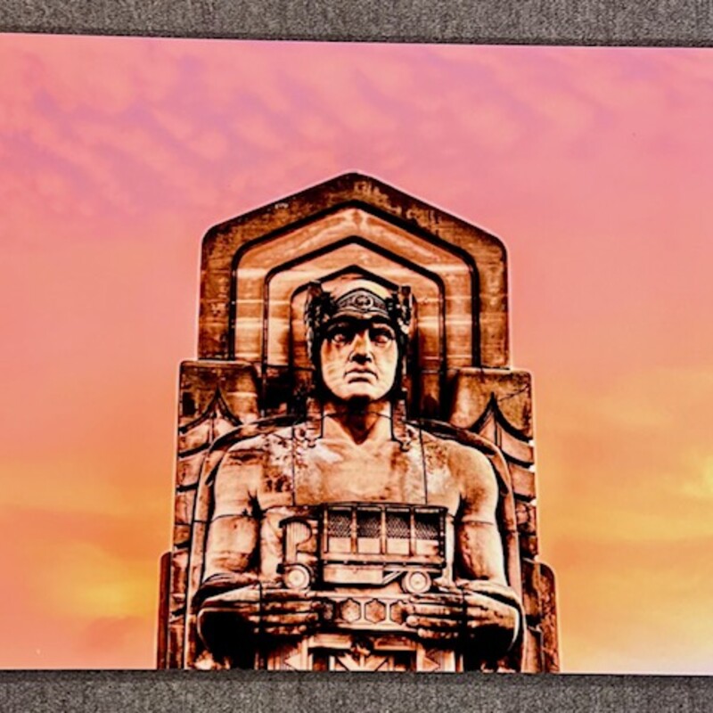 Metal Cleveland Guardian Statue Wall Decor
Orange, Pink, Brown
 Size: 24x18H
Cleveland Local Artist