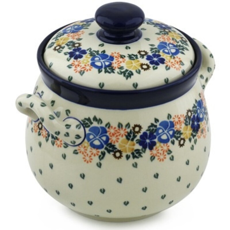 Polish Pottery Handled Jar With Lid
White, Blue, Green, Orange
Size: 10x9H