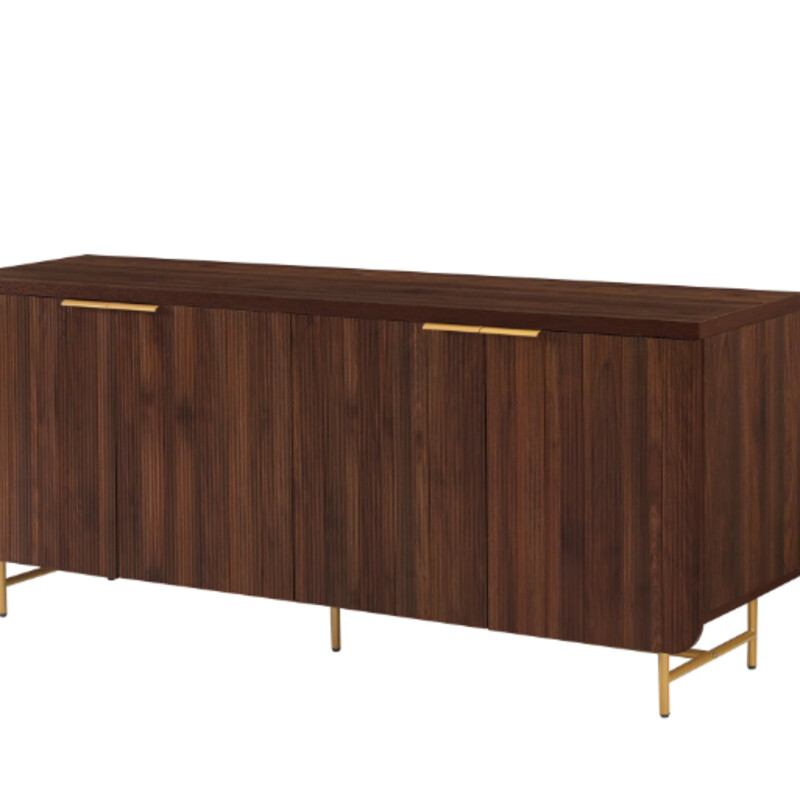 Midcentury Modern Console
Brown Veneer with Gold Accents
Size: 69x18x29H
Adjustable shelving and wide surface space can be used for media, buffet or storage for any room
NEW