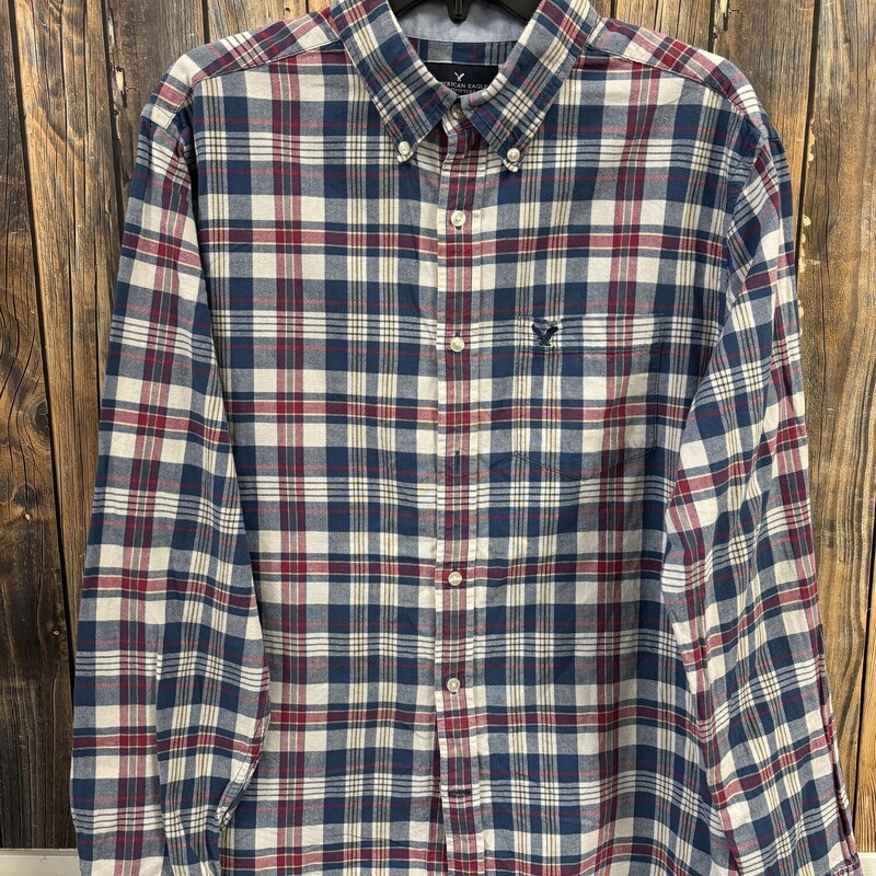 AE Blue Pink Plaid Shirt, Size: L