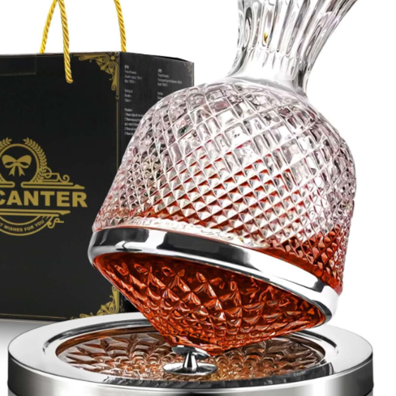 2 Piece Spinning Decanter
Clear Silver
Size: 8 x 9H
Decanter comes off the base