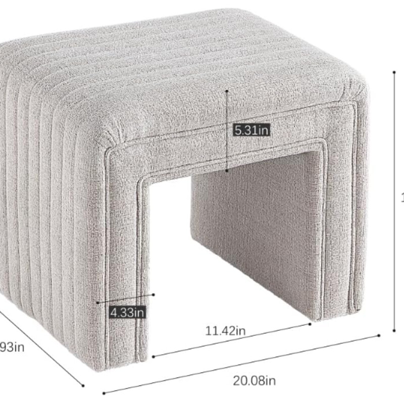 Upholstered Curved Stool<br />
LtGry Soft Upholstery<br />
Size: 18x19x14H<br />
Serves as a perfect Vanity Stool with super thick and high density foam cushioning. With an elegant U-shaped design and sturdy wooden frame, the ottoman foot rest brings a luxurious and delicate look.<br />
Also serves as a modern Boucle Ottoman. Footstool is an ideal home decoration for your bedroom, living room, entryway or living hallway or bedside.<br />
NEW Retail $129