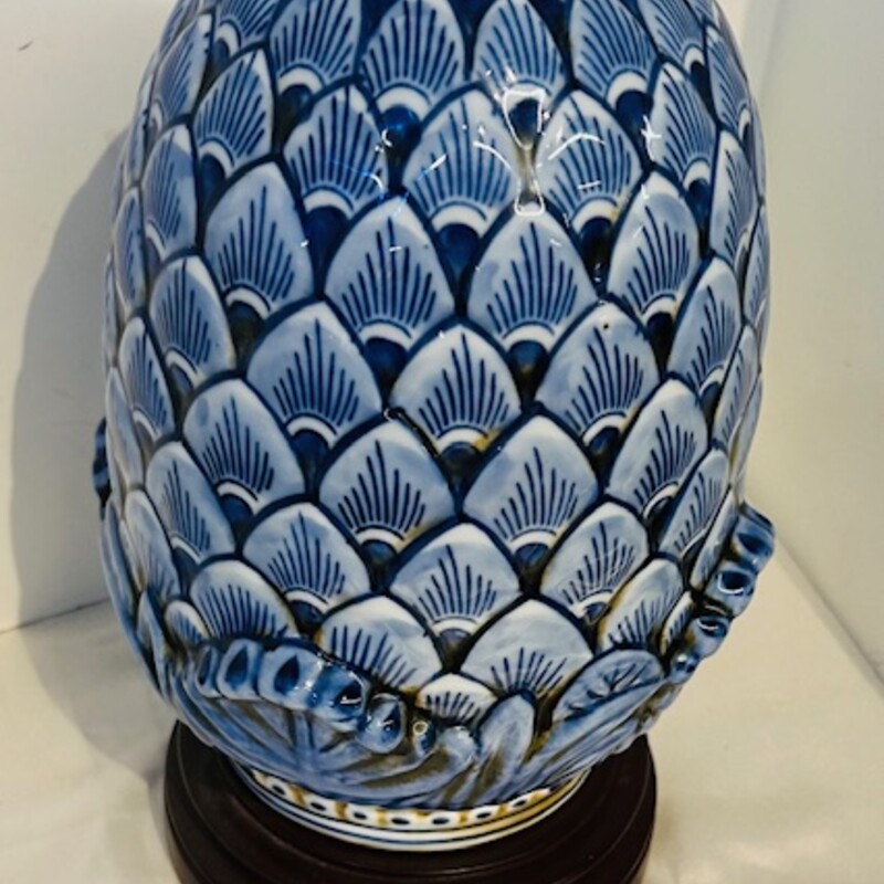 Asian Ceramic Pine Cone
Blue White Porcelain on Fixed Brown Base
Size: 8x11H
Matching Piece Sold Separately