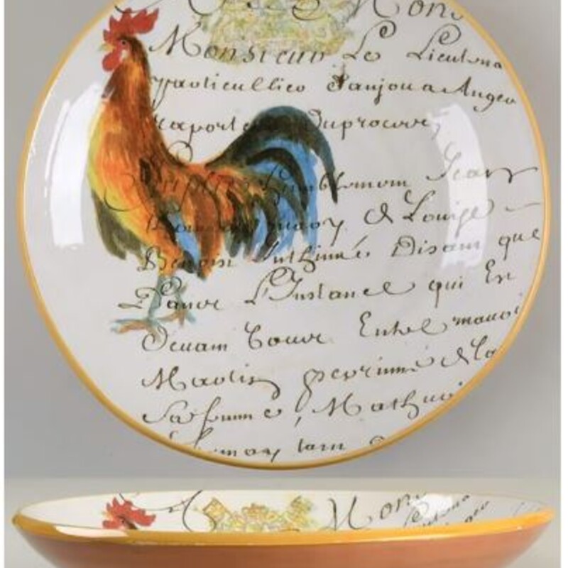 Williams Sonoma Rooster Script Bowl
White Orange Green Blue Size: 14 x 3H