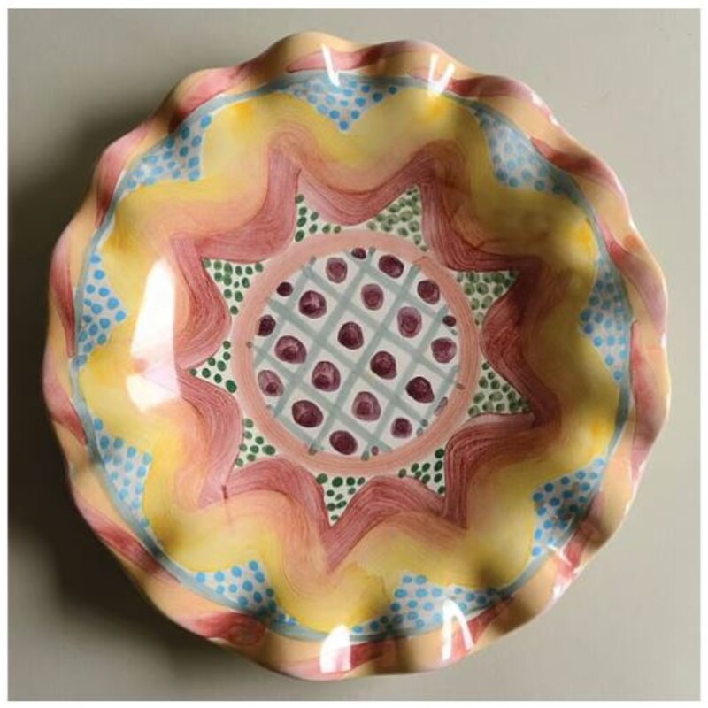 Mackenzie Childs Keukenhof Salad Plate
Blue Pink Orange Yellow Size: 9 diameter
As Is - superficial crack through middle of plate