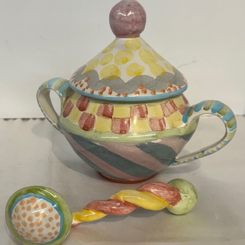 Mackenzie Childs Cayuga Sugar Bowl with Lid and Spoon
Yellow Pink Blue Green Size: 7 x 5.5H
As Is - spoon has small chip