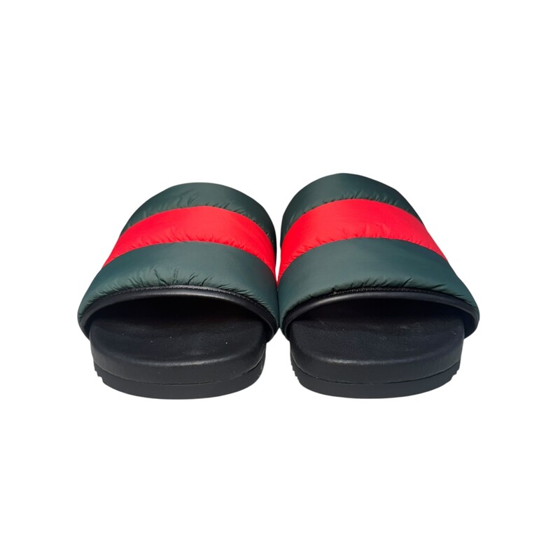 Gucci Padded Web Slides Green & Red<br />
<br />
Size: 40<br />
<br />
In excellent condition.<br />
<br />
Does not come with the original dust bag or box.