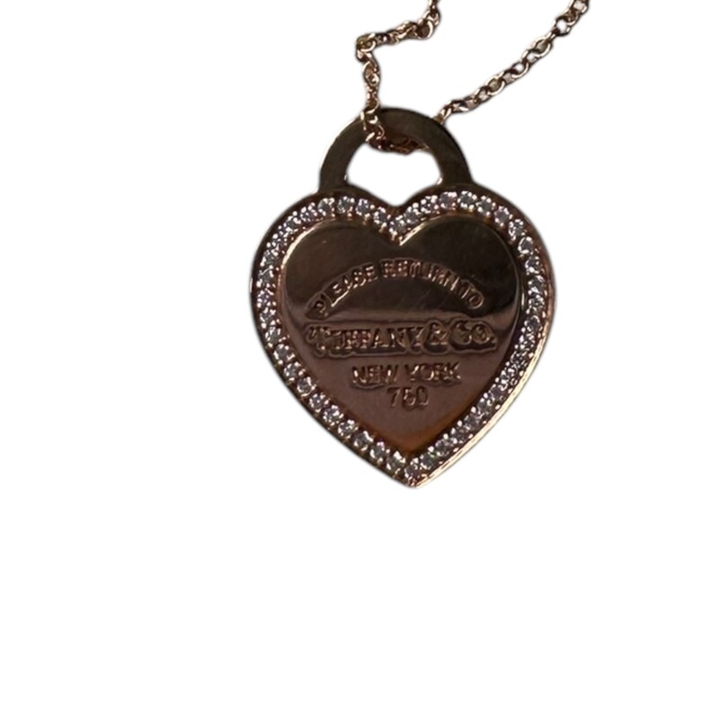 Tiffany & Co Return to Tiffany Heart Pendant Necklace 18K Rose Gold with Diamonds<br />
<br />
Size:<br />
Length: 16.00<br />
Pendant Length: 19.70 mm<br />
Pendant Width: 16.05 mm<br />
<br />
In very good condition. Light scratching.<br />
<br />
Comes with the original case and box.