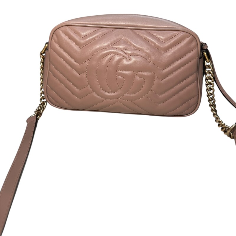 Gucci Marmont Camera Small Dusty Rose<br />
<br />
Style Code: 447632 204991<br />
<br />
Dimensions:<br />
Base length: 9.5 in<br />
Height: 6 in<br />
Width: 2.75 in<br />
Drop: 23.5 in to 0.00 in<br />
<br />
Code: 447632<br />
<br />
In excellent condition. Light scuffing tot he hardware.<br />
<br />
Comes with original dust bag. No box.