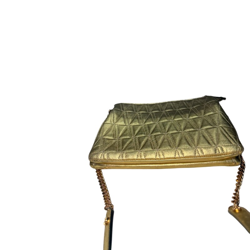 Versace Virtus Leather Shoulder Bag Golden Metallic<br />
<br />
Code: 045642C2786B81<br />
<br />
Dimensions:<br />
Base length: 10.25 in<br />
Height: 8.00 in<br />
Width: 2.00 in<br />
Drop: 18.00 in<br />
<br />
In very good condition. Light wear to the corners.<br />
<br />
Does not come with the original dust bag or box.