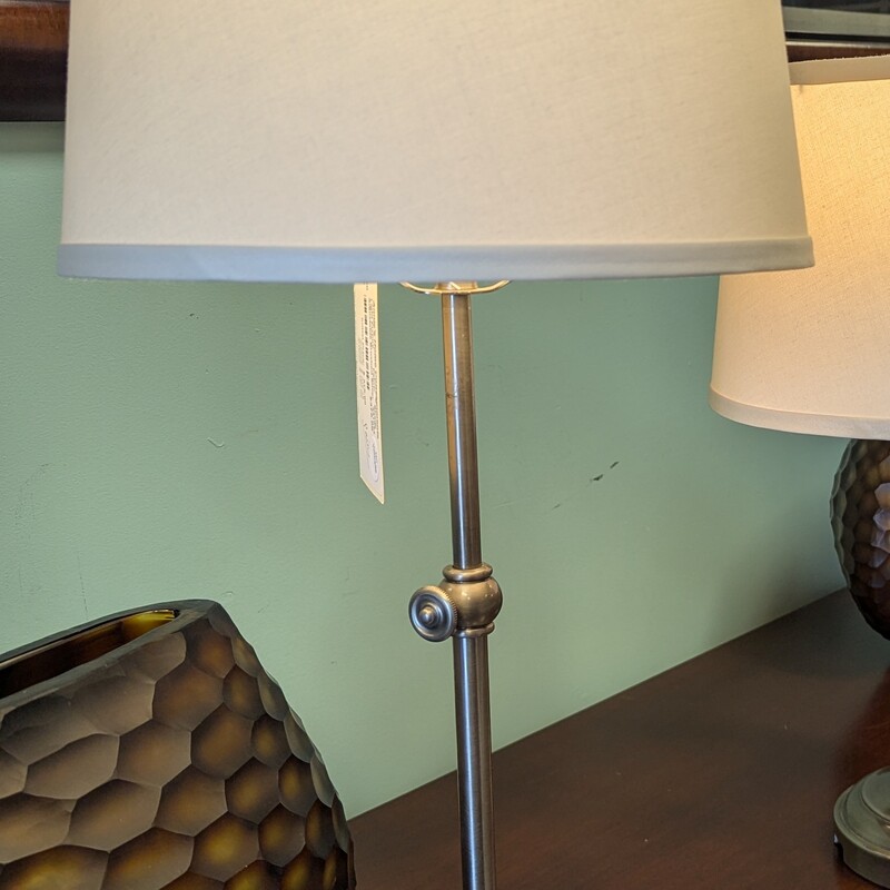 Adjustable Brushed Silver, Fabric,
Height 20-25in Base 6in Shade 12w x 8h