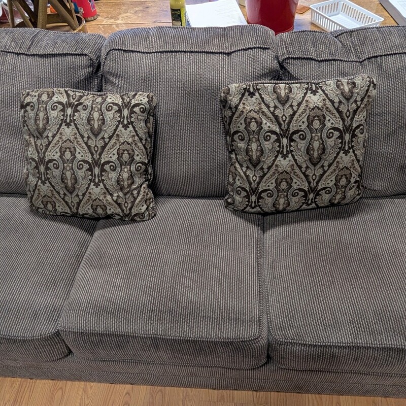 Sleeper Sofa W/Pillows, Gray/Green/Brown,  As Is
90w x 39d x 36h