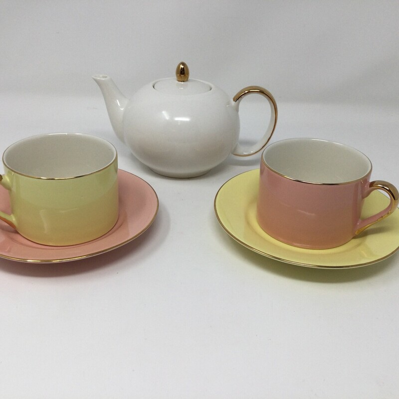 Indigo Teapot Teacup & Saucer Set,
Cream/Pink/Yellow/Gold,
Size: Set Of 5