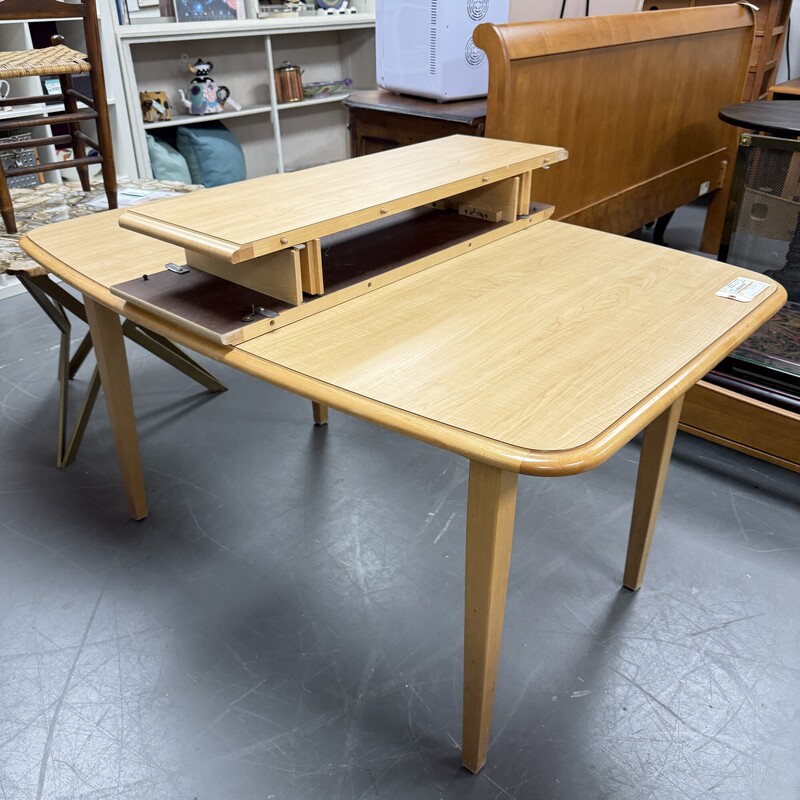 Mid Century Modern Style Maple Dining Table (no chairs included)
Table Size: 57x37
Includes two 12in leaves