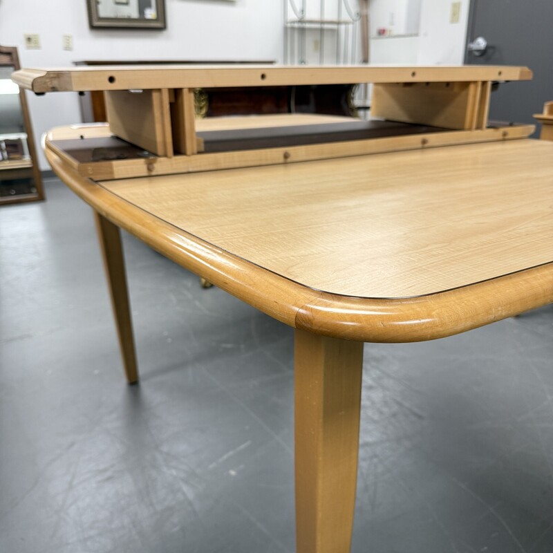 Mid Century Modern Style Maple Dining Table (no chairs included)
Table Size: 57x37
Includes two 12in leaves