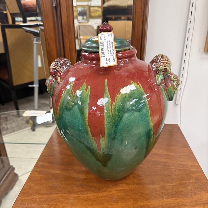 Drip Glaze Urn w/ Lid, Red/Green
Size: 14in