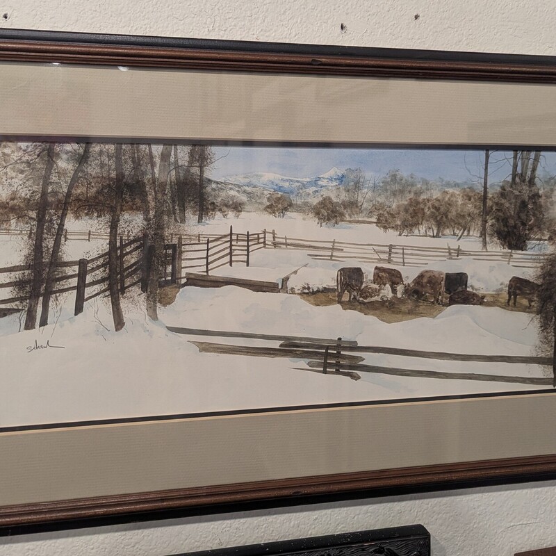 Cows In Winter Watercolor, Steamboa, Signed
29 x 15