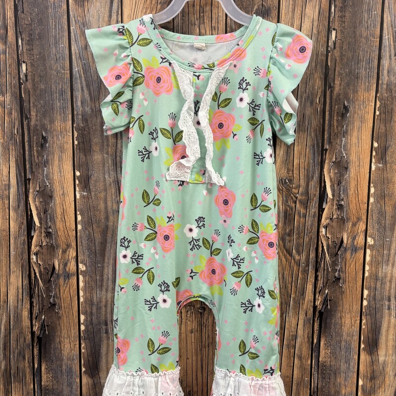 Green/pink Flower Romper, Size: 18-24m