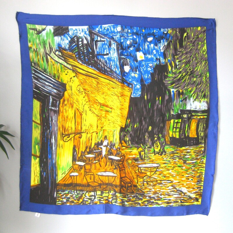 stunning 100% Silk Stauer Scarf<br />
The image is a replica of a Vincent Van Gogh painting.<br />
Vivid blues and oranges with a starry night sky<br />
33.5 square<br />
excellent condition, no flaws<br />
thanks for looking!<br />
#81313