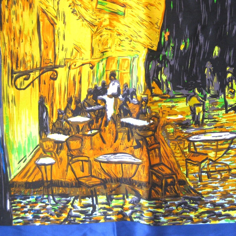 stunning 100% Silk Stauer Scarf<br />
The image is a replica of a Vincent Van Gogh painting.<br />
Vivid blues and oranges with a starry night sky<br />
33.5 square<br />
excellent condition, no flaws<br />
thanks for looking!<br />
#81313