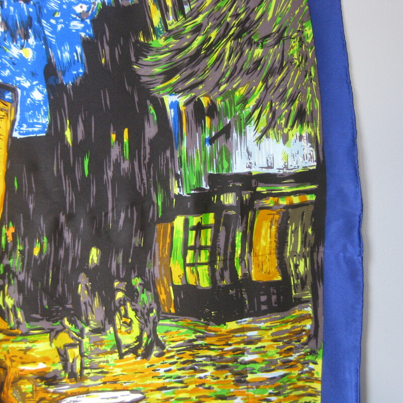 stunning 100% Silk Stauer Scarf<br />
The image is a replica of a Vincent Van Gogh painting.<br />
Vivid blues and oranges with a starry night sky<br />
33.5 square<br />
excellent condition, no flaws<br />
thanks for looking!<br />
#81313