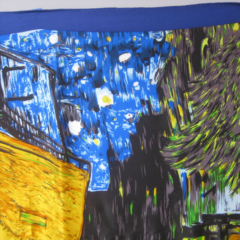 stunning 100% Silk Stauer Scarf<br />
The image is a replica of a Vincent Van Gogh painting.<br />
Vivid blues and oranges with a starry night sky<br />
33.5 square<br />
excellent condition, no flaws<br />
thanks for looking!<br />
#81313