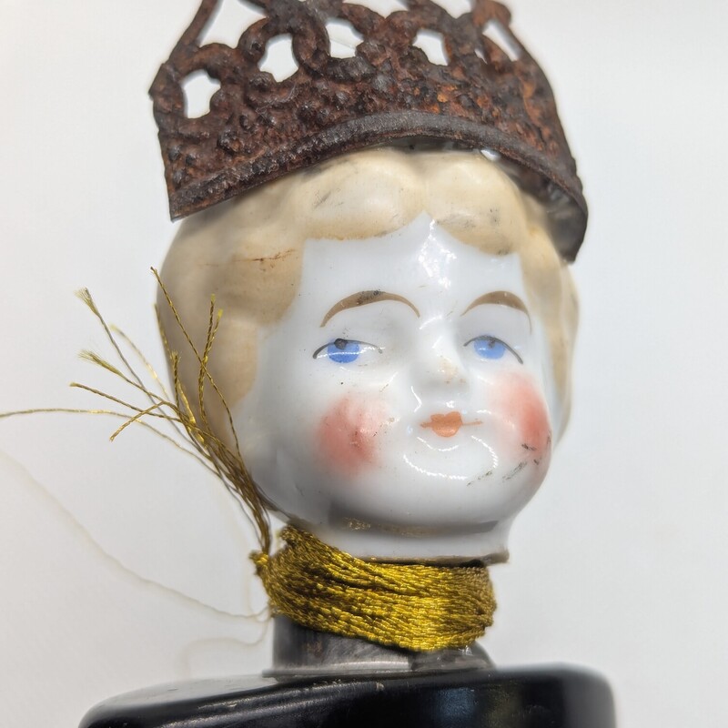 Bill Finks Found Art Doll, Avon Tin, Mesh, Crown
9in h