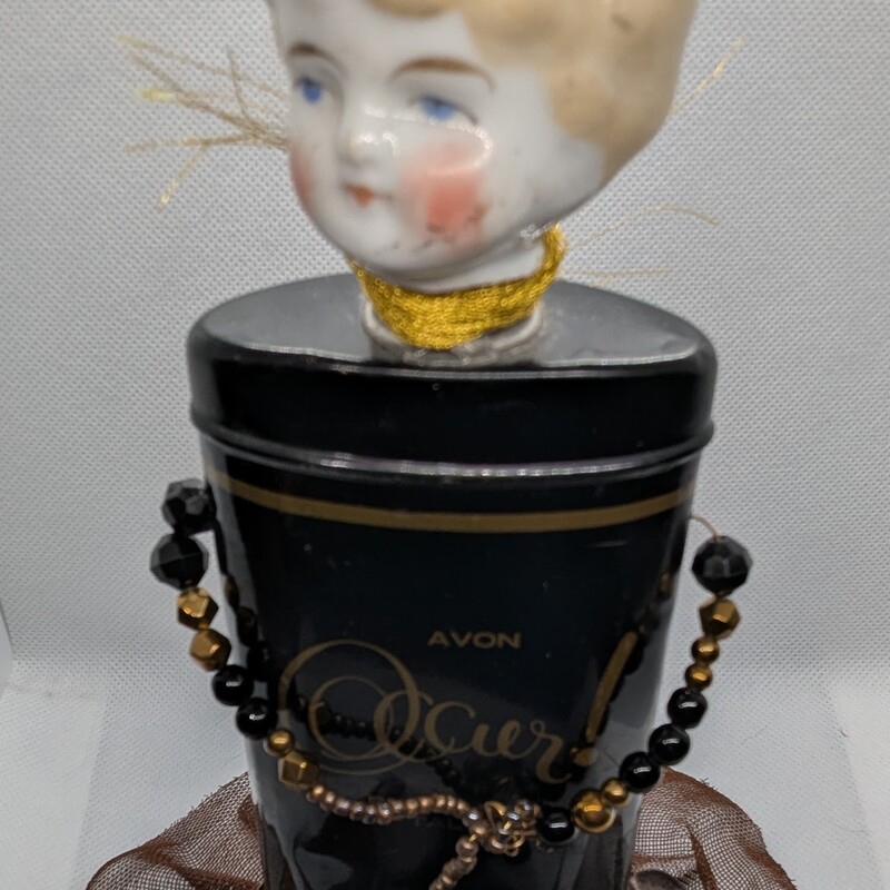 Bill Finks Found Art Doll, Avon Tin, Mesh, Crown
9in h