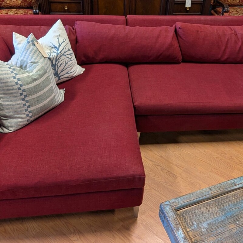 CB2 2pc Chaise Sectional, Dark Red
Left arm facing chaise 50in w X 62in d
Right arm facing sofa 80in w X 37in d
Overall 130in w X 29in h