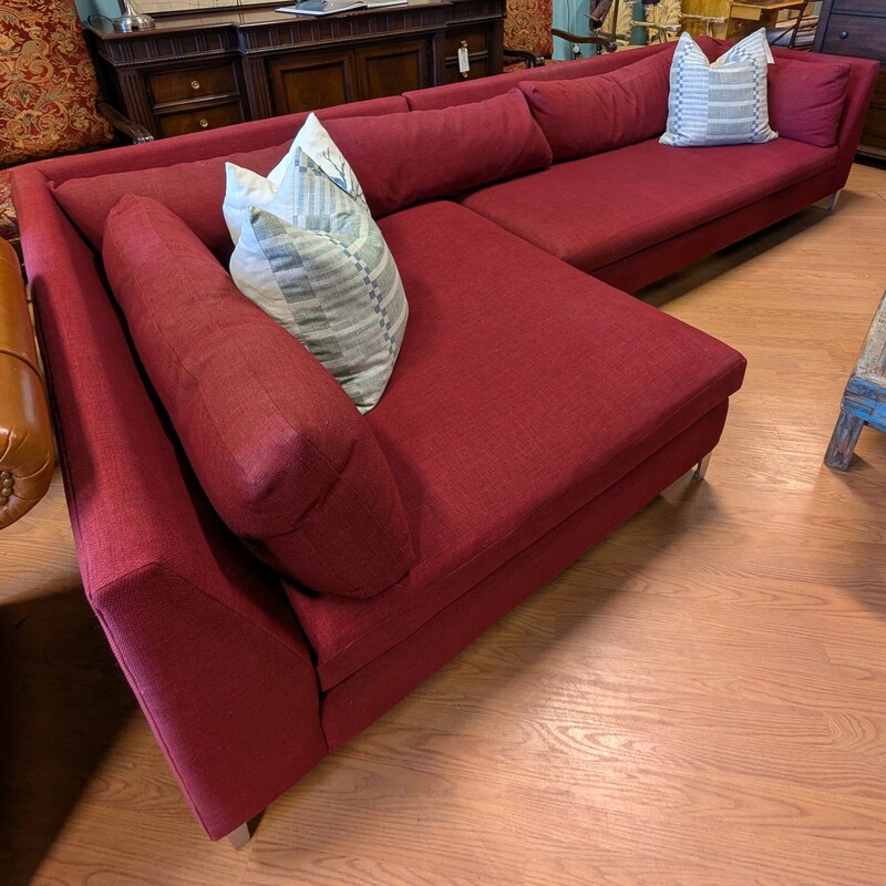 CB2 2pc Chaise Sectional, Dark Red
Left arm facing chaise 50in w X 62in d
Right arm facing sofa 80in w X 37in d
Overall 130in w X 29in h