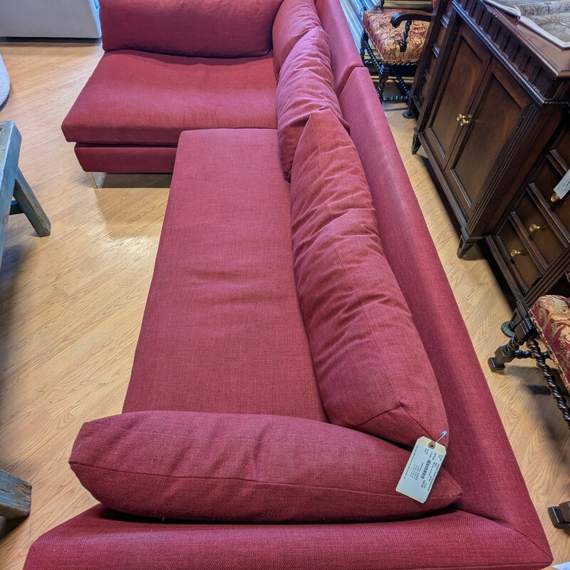 CB2 2pc Chaise Sectional, Dark Red<br />
Left arm facing chaise 50in w X 62in d<br />
Right arm facing sofa 80in w X 37in d<br />
Overall 130in w X 29in h