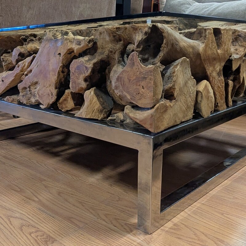 Drift Wood Modern Square Coffee Table, Chrome,  Beveled Glass Top<br />
19 h Table 39 x 39 Glass 42 x 42