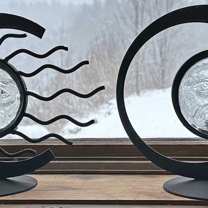 Sun and Moon Iron and Glass Candleholders
8 In x 9 In
and 9 In x 10 In.