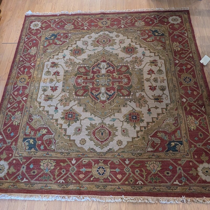 Handmade Wool Rug, Burg/tan, Size: 6ft  X 6ft