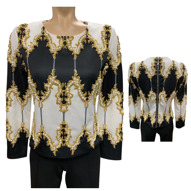 Top LS Beads, White/bl, Size: S