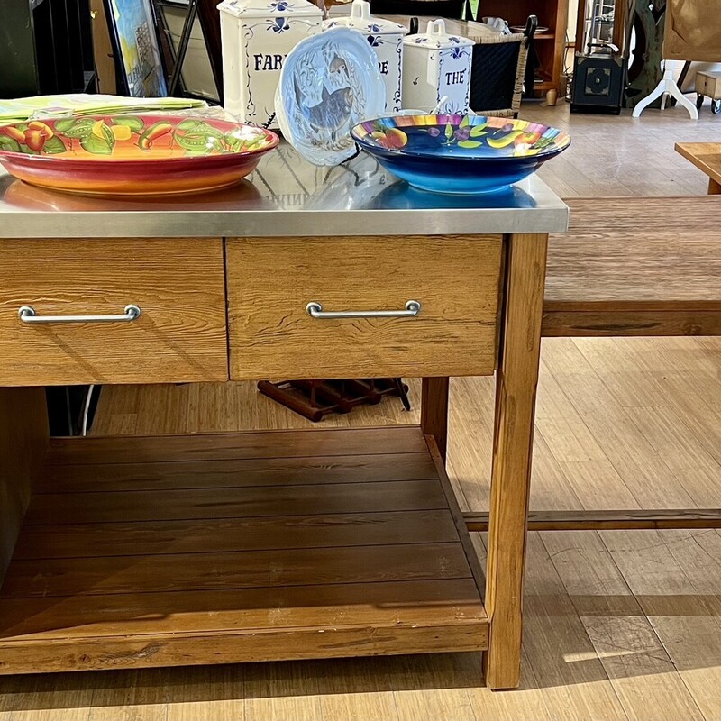 Elworth Kitchen Island Pottery Barn, Wood/S/S,
Size: 60x36x36 - extends to 102 inches with pull out table.