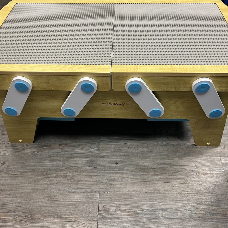 Kidcraft Lego Table, Wooden with 3 Blue Bins
Lego not included

Full building brick play table opens to reveal storage space
3 collapsible bins slide out for easy building brick storage
Pinch-free design keeps little fingers safe when opening and closing table
Compatible with lego, DUPLO and other major building brick brands
360-degree design allows multiple kids to play at once